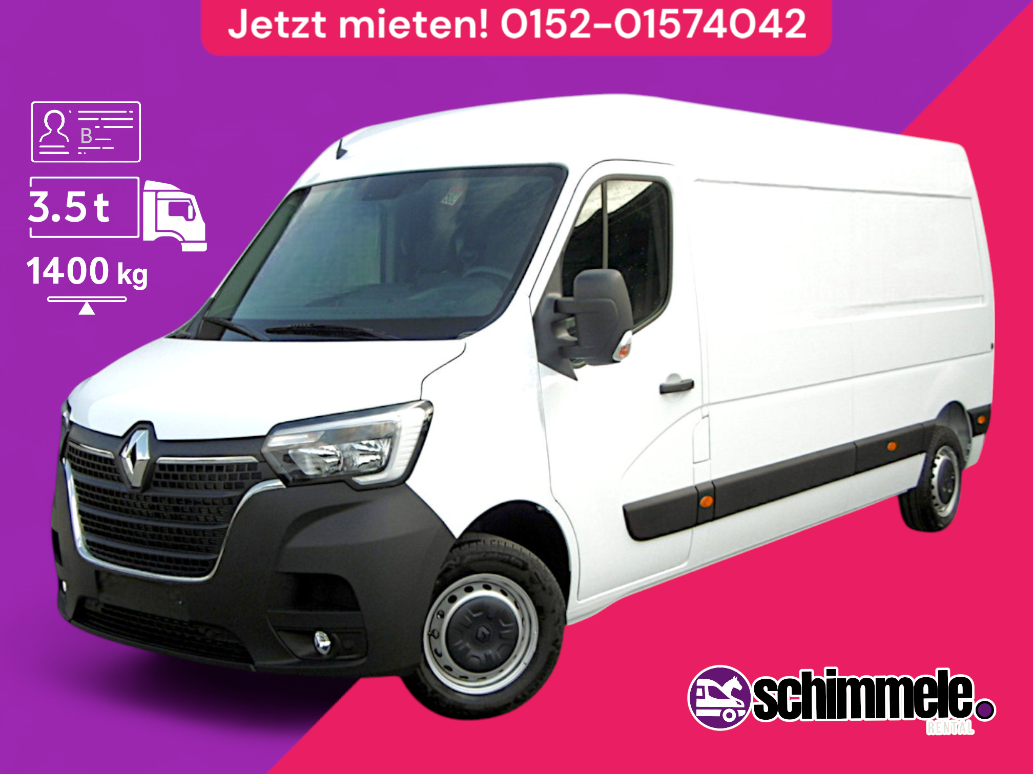 Auto- und Transportervermietung schimmele.mobility GmbH | Renault Master L3H2 | 135 CDI Kastenwagen, 3 Sitzer, Rückfahrkamera, 270 Grad Türen